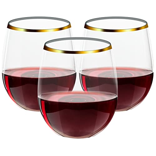 FOCUSLINE 32 Pack 12 OZ Plastic Wine Glasses, Stemless Disposable Wine Cups, Gold Rim Unbreakable Wine Glasses, Reusable S...