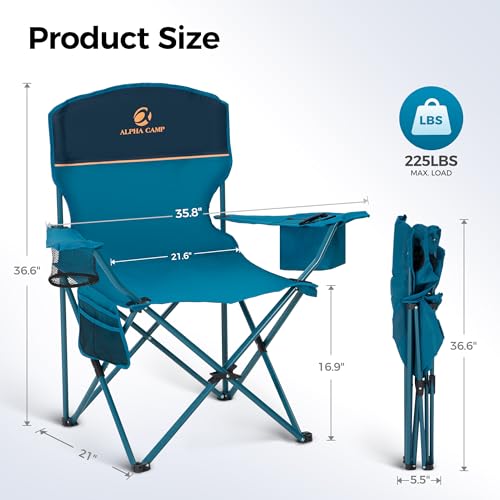 ALPHA CAMP Camping Chair 2 Pack Portable Chair with 3-Can Cooler Folding Chair with Side Pocket and Cup Holder, Collapsibl...