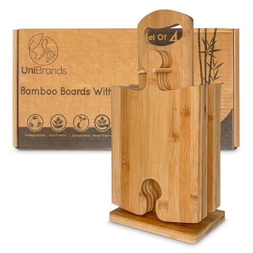 UniBrands 4pcs Bamboo Boards Set with Stand, charcuterie, serving, platters.