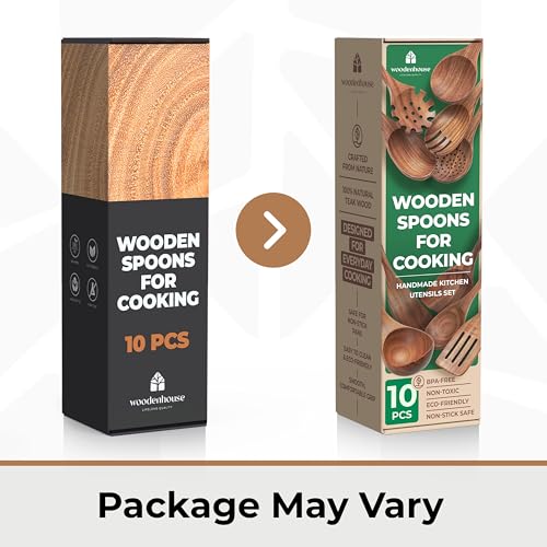 Wooden Spoons for Cooking – 10 Pc Teak Wood Utensil Set, Durable, Nonstick Safe & Heat Resistant with Ergonomic Handles