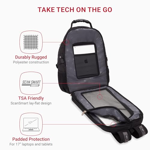 SwissGear 1900 ScanSmart 17” Laptop Backpack Black – Reflective Tech Backpack with ScanSmart Compartment – Multiple Organi...