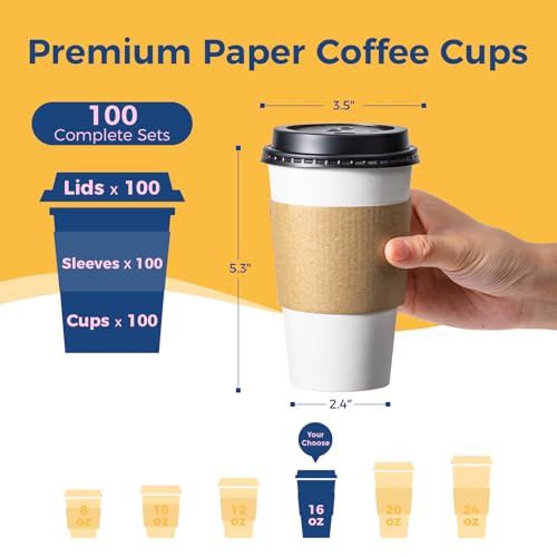 Fit Meal Prep 100 Pack 16 oz Disposable Coffee Cups with Lids, Sleeves, Leak-Proof To Go Coffee Cups with Lids, Durable Pa...