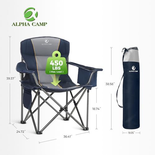 ALPHA CAMP Oversized Camping Chair Heavy Duty Lawn Chair with Cooler Bag Support 450 LBS Steel Frame Collapsible Padded Ar...