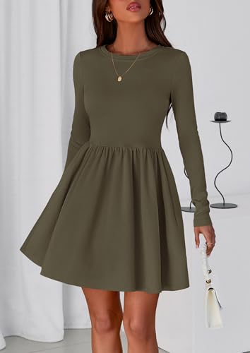 PRETTYGARDEN Women's Long Sleeve Mini Dresses 2025 Fall Casual Crewneck Pleated A Line Party Cocktail Short Dress with Pocket