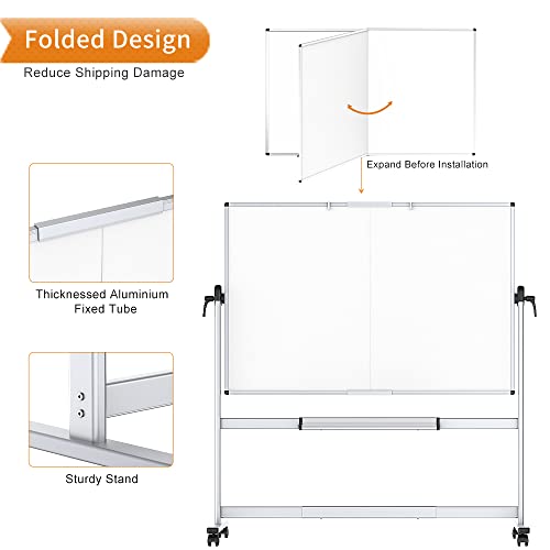VIZ-PRO Double-Sided Mobile Whiteboard, 72 x 48 Inches, Magnetic Rolling Dry Erase White Board on Wheels with Aluminium Fr...