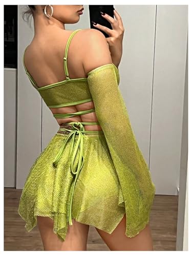 OYOANGLE Women's 2 Piece Mesh Sheer Criss Cross Crop Top and Asymmetrical Mini Skirt Party Rave Outfits