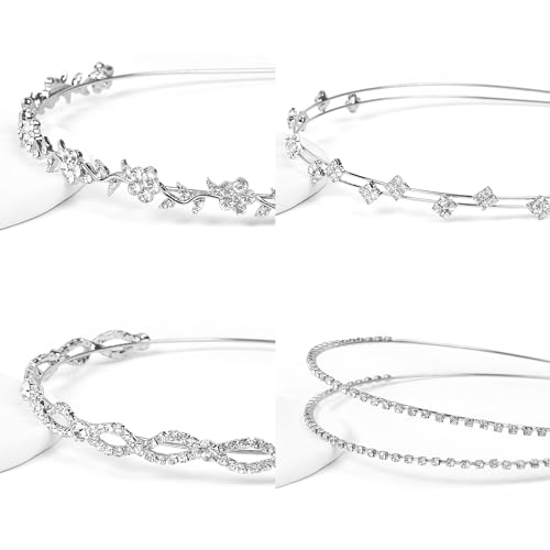 WOVOWOVO 4 Pcs Rhinestone Headbands for Women Silver Bridal Headband Crystal Flower Girl Headpiece Flower Leaf Tiara Crown...