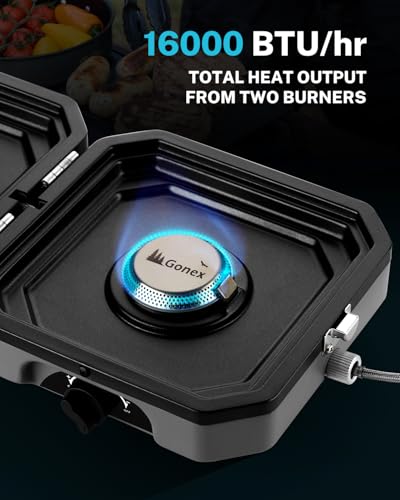 Gonex 2 Burner Propane Camping Stove with Griddle & Grates, Portable Foldable Cooking Stove with Total 16,000 BTU, Two Pie...
