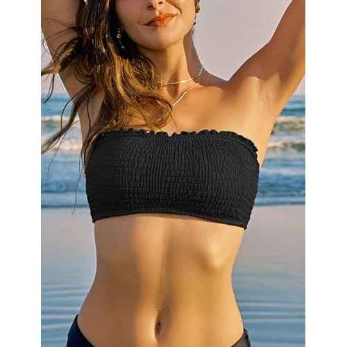 ZAFUL Women Strapless Bandeau Bikini Top Ruffle Lace up Swimsuit Solid Color Bathing Suits Tube Top Only