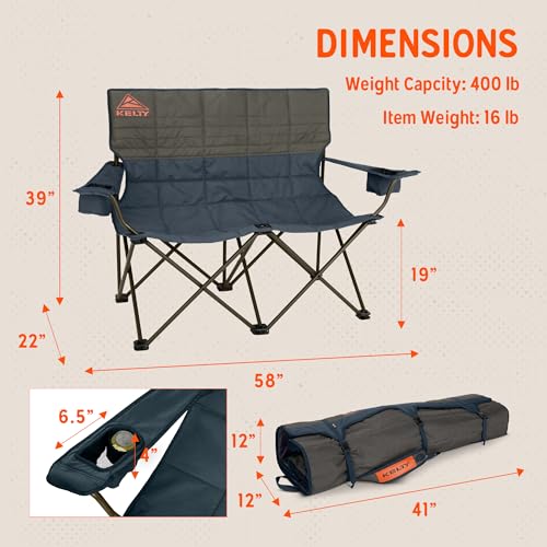 Kelty Loveseat Oversized 2-Person Heavy Duty Folding Camp Chair, Double Seat for Soccer Games, Tailgating, Beach Days (Reg...