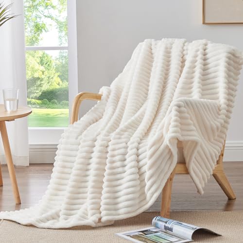 BEDELITE Fleece Throw Blanket for Couch - 300GSM Soft & Warm Fluffy Cream White Blanket, Decorative and Giftable Striped B...