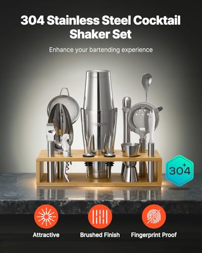 VEVOR Cocktail Shaker Set, 13-Piece Stainless Steel Bar Tools with Bamboo Stand, Boston Bartender Kit Accessories | Mixer ...