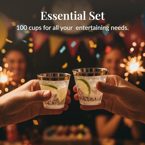 Prestee 100-Pack 9oz Gold Rimmed Plastic Cups Disposable Wine Glasses for Charcuterie, Weddings, Parties, and Events - Ele...