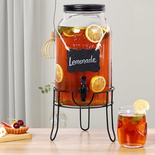 1.5 Gallon Glass Drink Dispensers for Parties, Ice Beverage Dispensers with Stand, Glass Water Dispenser with Spigot, Laun...