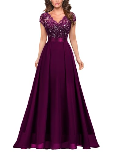 Miusol Women's Elegant V-Neck Cap Sleeve Sequined Floral Lace Formal Party Maxi Dress