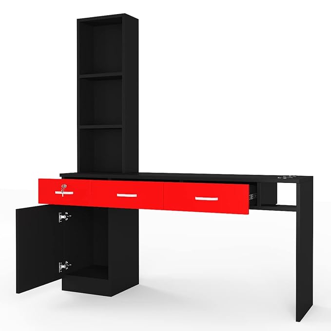 Paddie Barber Salon Station Wall Mount Hair Styling Salon Equipment Set Beauty Spa Furniture Set, Lockable Left Shelf, Mirror not Included (Red & Black)