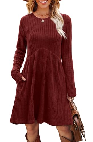 OFEEFAN Long Sleeve Dress for Women Crew Neck Empire Waist Tunic Dress with Pockets