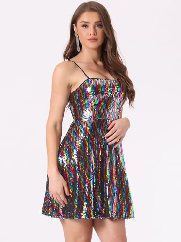Allegra K Women Sequin Mini Dresses Party Club Adjustable Spaghetti Strap Festival Outfits Sparkly Disco Dress