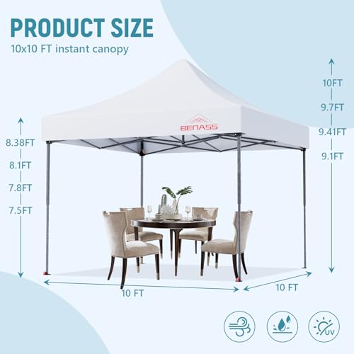 Benass 10x10 Pop Up Canopy Tent with 8 Reinforced Steel Wire Ropes, Heavy Duty Instant Canopies with 3 Removable Sidewall...
