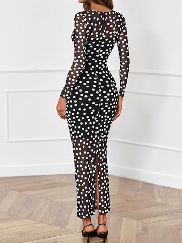 BTFBM Spring Dresses for Women 2026 2 Piece Set Long Sleeve Polka Dot Sexy Bodycon Mesh Dress and Slip Dress Wedding