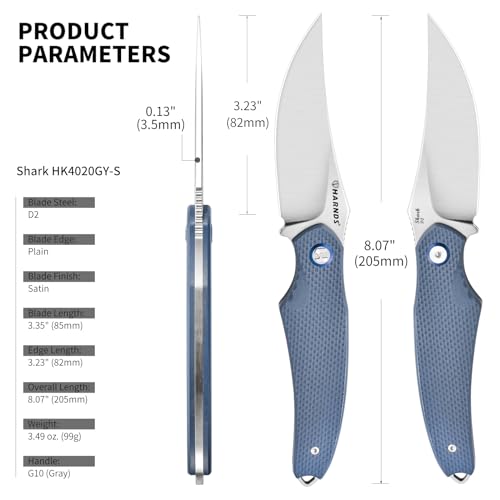 Harnds Shark Outdoor Knife Fixed Blade with Kydex Sheath D2 Steel Blade Ideal Camping Premium Survival Bushcraft (Gray - S...