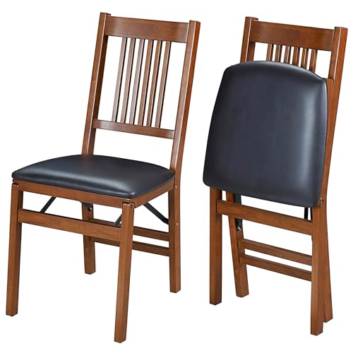 MECO Stakmore True Mission Wooden Folding Chairs with Padded Seats, Set of 2 - No Assembly Foldable Dining Chairs, Steel F...