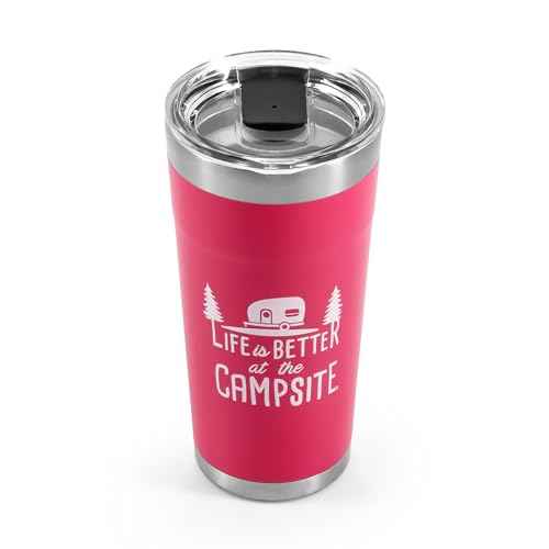 Camco Life is Better at The Campsite Tumbler | Heavy Duty Double Wall Vacuum Insulation | Crafted of 18/8 Stainless Steel | Unique ¡°Life is Better at The Campsite¡± Design on Coral Pink | 20-oz (53061)