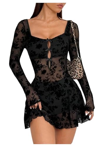 Milumia Women's Floral Lace Cut Out Mini Dress Sexy Long Sleeve Bow Decor Party Club Mesh Short Dresses