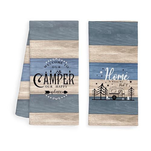 WFSM Camping Kitchen Towels Set of 2, 16x24 Inches, Patterned Cotton Terrycloth Dish Cloths with Loop Weave, Super Soft, M...