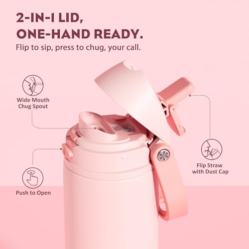 POWCAN 24 oz Insulated Water Bottle for Sports: 2-in-1 Lid with Push-Button Spout & Quick-Flip Straw, Leakproof, Car Cupho...