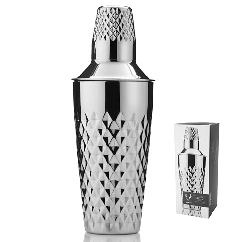 Viski Diamond Cocktail Shaker Set, 25 oz Faceted Stainless Steel Shaker With Strainer