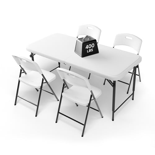 Ortus Collective 4FT Folding Table Set with 4 Folding Chairs, Heavy Duty 400 lbs Table & 600 lbs Chairs, Portable Folding ...