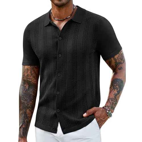 COOFANDY Men's Knit Shirts Short Sleeve Casual Button Down Polo Shirt Summer Beach Vacation Shirts