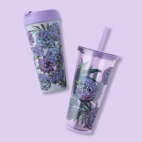 Travel Tumbler with Lid and Straw, 24 Ounce Insulated Cup, Purple Floral Plastic Double Wall Tumbler, Lavender Meadow