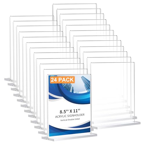 24 Pack Acrylic Sign Holder 8.5 x 11, Double-Sided Clear Sign Holder Plastic Stands for Display, T Shape Acrylic Table Sig...