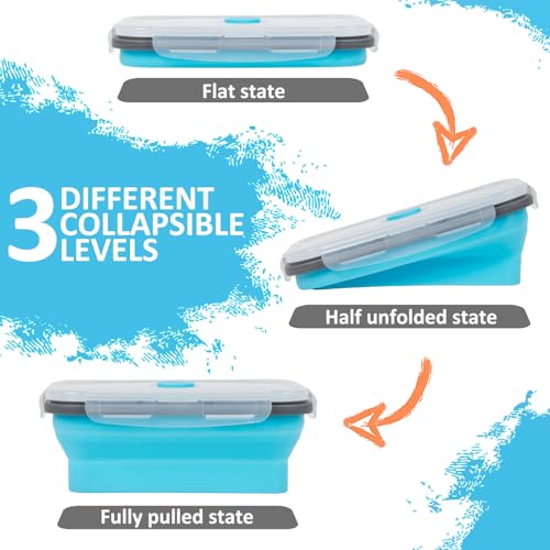 Collapsible Silicone Food Storage Containers Set with Lid & Air Vent,Foldable Lunch Containers(4PCS,Blue,27oz)