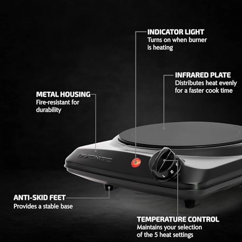 OVENTE Countertop Infrared Single Burner, 1000W Electric Hot Plate with 7” Ceramic Glass Cooktop, 5 Level Temperature Sett...