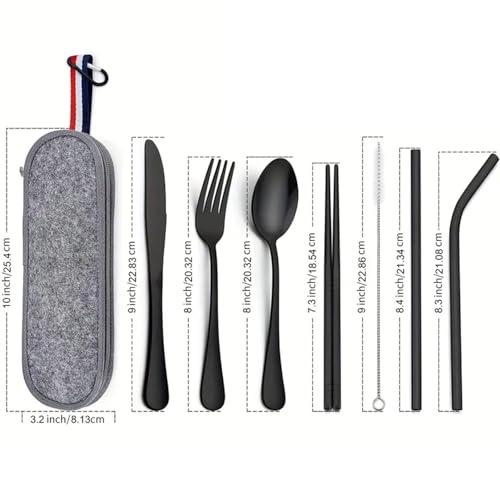 Camping Utensil Set for Men, 7-Piece Portable Silverware with Compact Case, Black Stainless Steel Travel Cutlery, Lunch Bo...