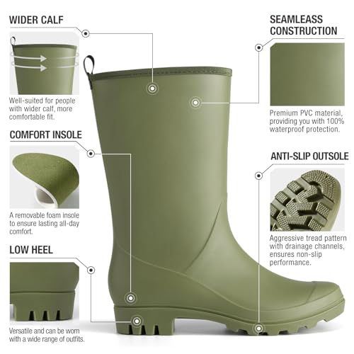 HISEA Women Rubber Boots Wide Calf Rain Boots Matte Surface Waterproof PVC Rubber Rain Boot Mid Height Rain Shoes for Outd...