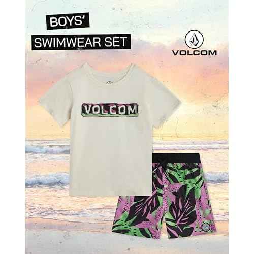 Volcom Baby Boys Swim Set - 2 Piece Short Sleeve Swim Shirt Graphic Tees & Board Shorts - Infant Toddler Little Boys Swimsuit