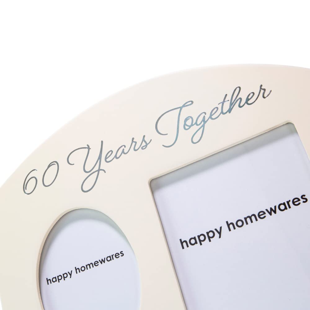 Happy Homewares Contemporary 60 Years Together Then and Now Diamond Anniversary Light Beige Frame with Double Silver Rings | Beautiful 60th Anniversary Picture Frame