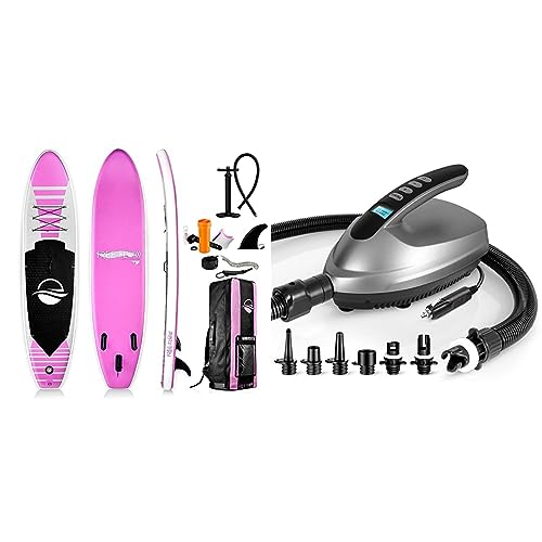 SereneLife Inflatable Stand Up Paddle Board (6" Thick), Pink & Premium Compact Digital Air Pump Compressor