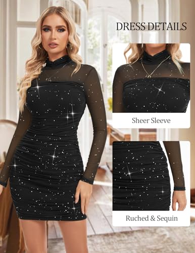 Meetjen Women's Ruched Bodycon Mini Dress Mesh Long Sleeve Mock Neck Sexy Sequin Cocktail Party Club Short Dresses