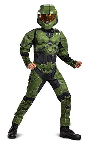 Halo Infinite Master Chief Costume, Kids Size Muscle Padded Video Game Inspired Character Jumpsuit