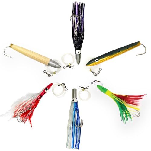 Cedar Plug Tuna Feather Trolling Lure Combo, 6 Pcs Set with Bullet Jet, Flat Jet, Tuna Clone & 6-Pocket Lure Bag for Saltw...