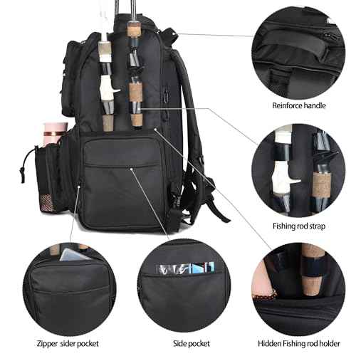 Fishing Tackle Backpack With Rod Holders, Large 40L Fishing Backpack for Camping, Hiking