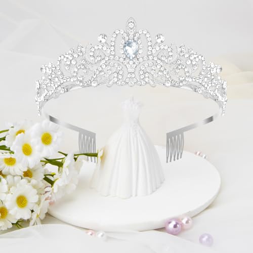 Silver Crown, Princess Tiara With Crystal, Queen Headband With Comb for Women and Girls