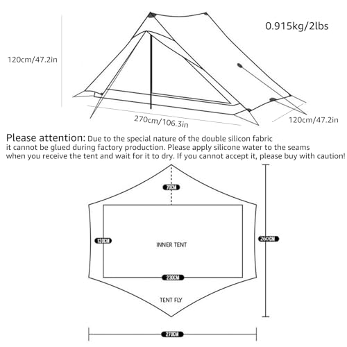 3FULGEAR Lanshan 2 Pro Tent 2 Person Ultralight Camping Tent, 3/4 Season Professional 20D Silnylon Rodless Tent for Campin...