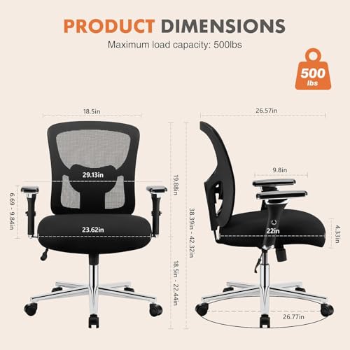 Sweetcrispy Big and Tall Office Desk Chair with Lumbar Support, 500lbs Heavy Duty Mesh Ergonomic Computer Chair with 4D Ar...