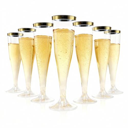 Bestluck 100 Pack Champagne Flutes Plastic with Gold Rim, 4.5 oz Clear Plastic Disposable Stemware, Disposable Champagne F...